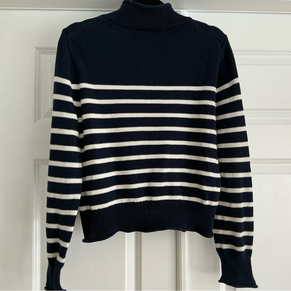 J. Crew women size M New Heritage Rollneck sweater navy stripe 100% cotton - Picture 6 of 7